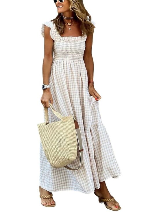 Dresses & Skirts - Women's Retro Plaid Smocked Dress Spaghetti Strap Flounce Long Dress